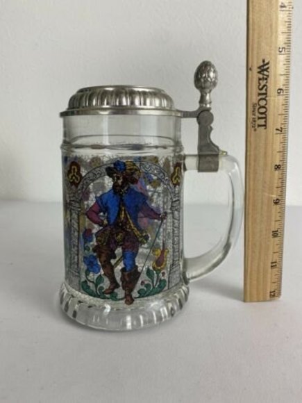 Vintage German BMF Glass Beer Stein Pewter Lid Stained Glass Crackle Pattern - Picture 8 of 8